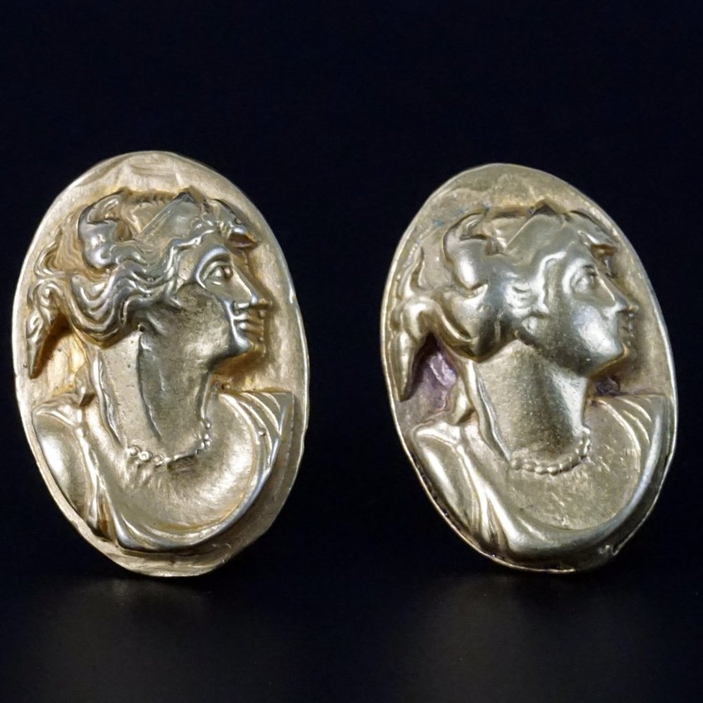 Vintage Victorian Revival Cameo Oval Gold Earrings